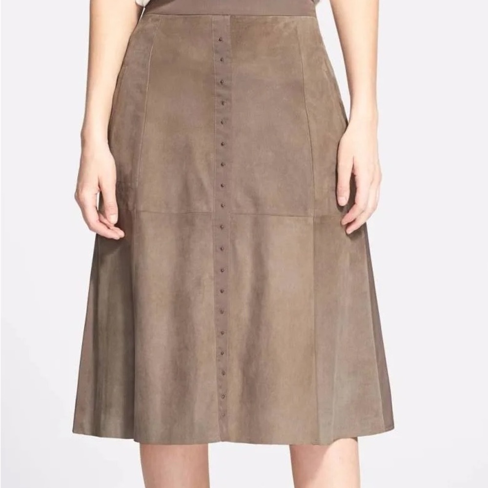 Halston Heritage Taupe Suede A-Line Midi Skirt with Front Studs